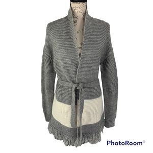 Loft Wool Blend Striped Self-Tie Fringed Hem Sweater Cardigan Gray Ivory Small